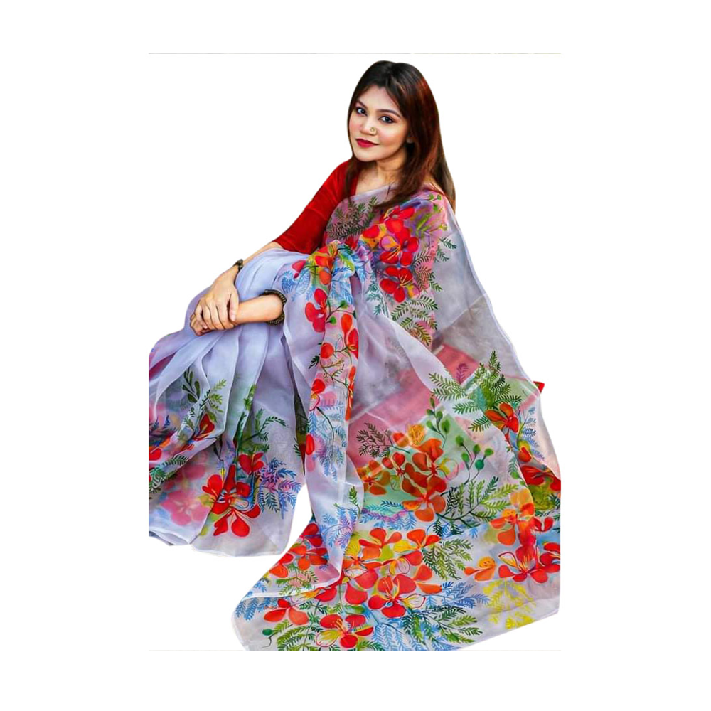 Hand Printed Half Silk Saree For Women - Multicolor - BAN142