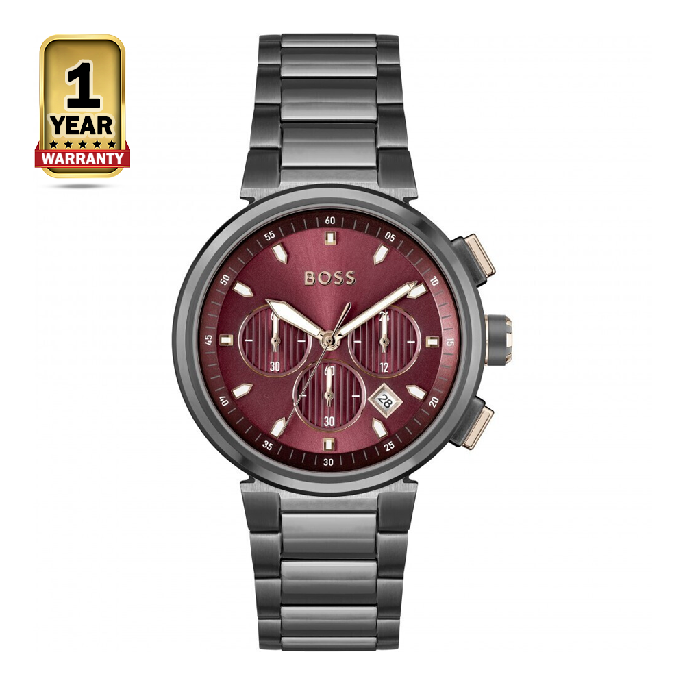 Hugo Boss 1514000 Stainless Steel Quartz Wristwatch For Men - Gunmetal and Red
