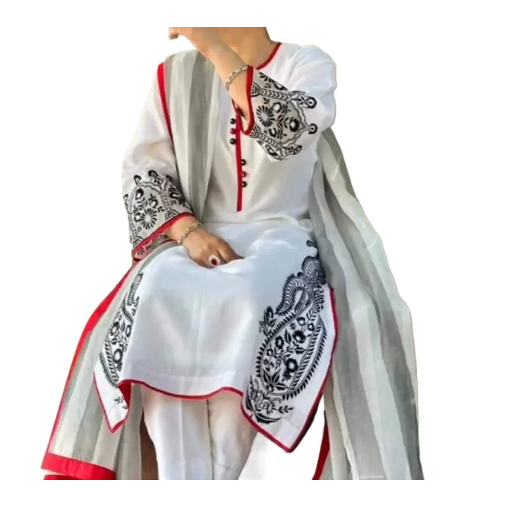 Cotton Embroidery Readymade Kurtis Salwar Kameez For Women - White