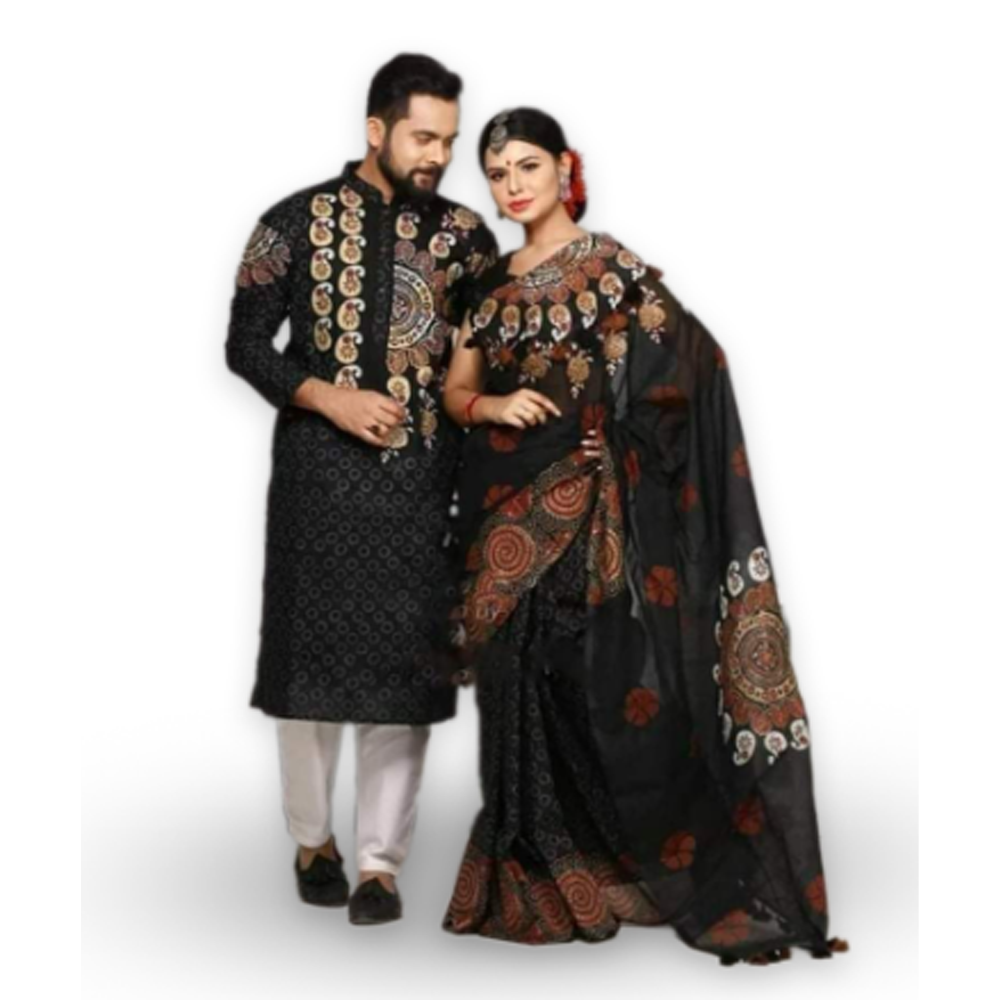 Half Silk Block Print Saree and Dhupian Cotton Panjabi Couple Set - Multicolor - 333