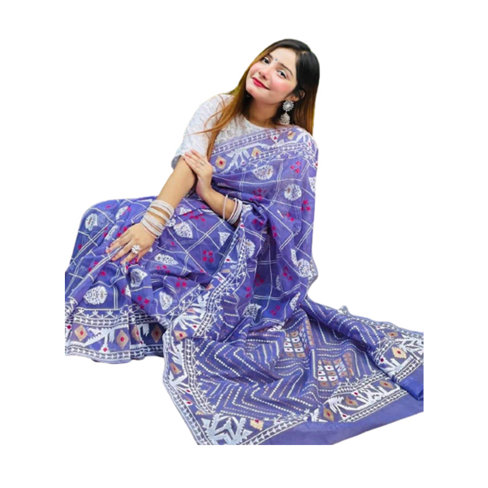 Half Silk Hand Print Sharee For Women - Purple - SP-78