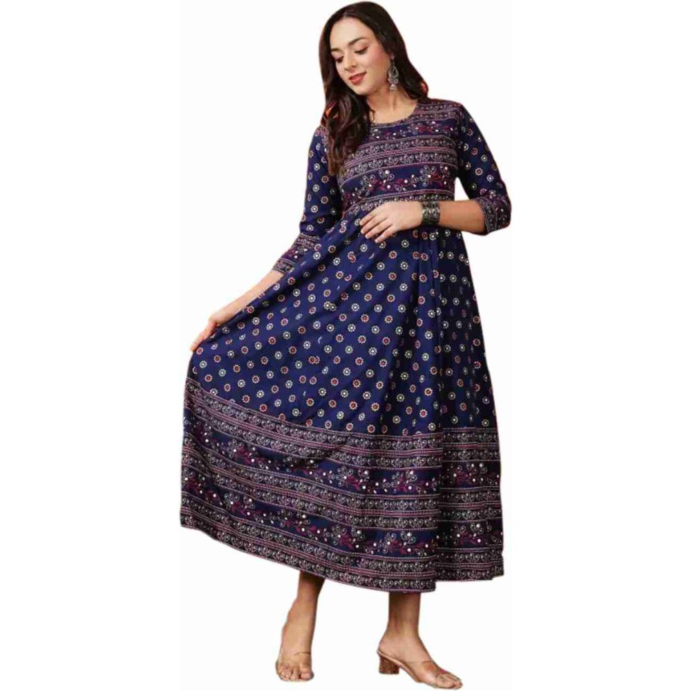 Ready Made VIP Cotton Chundi Printed Gown for Women - Blue