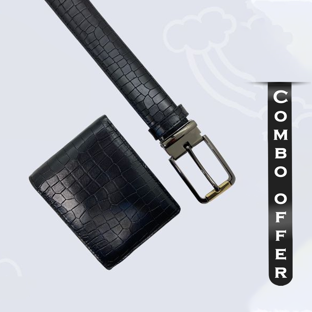 Combo of  Crocodile Print Belt and Wallet For Men - Black