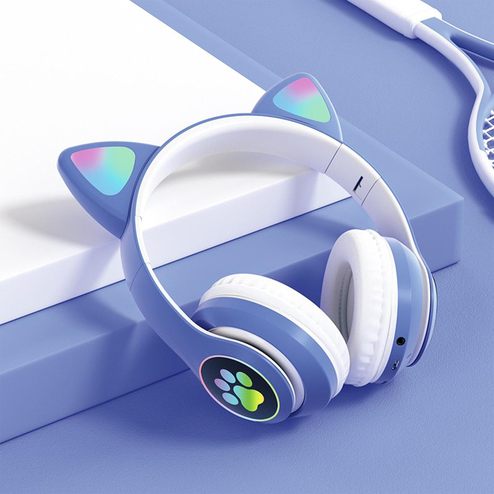 Flashlight Cute Cat Bluetooth Headphone - Blue 