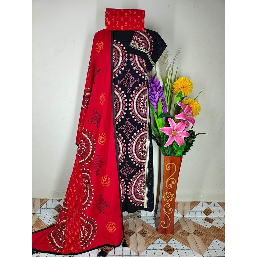 Cotton Unstitched Hand Block Salwar Kameez For Women - Multicolor - 02