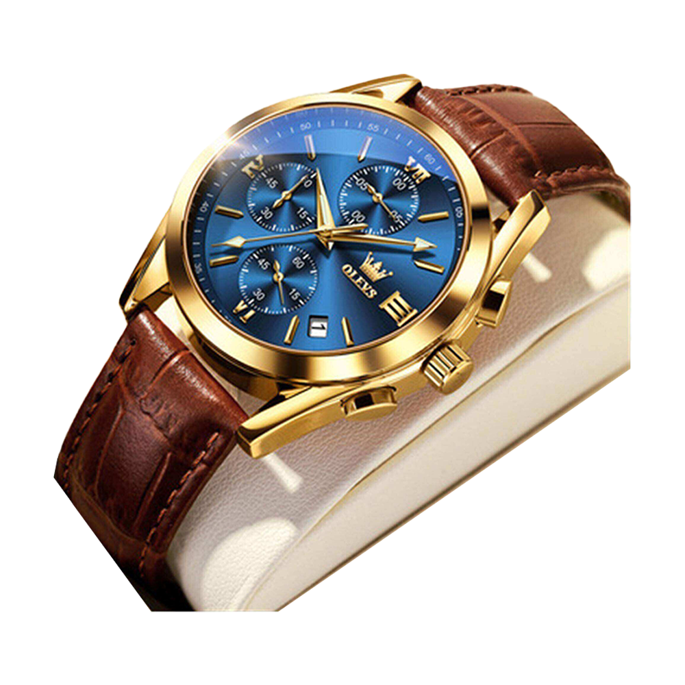 Olevs 2872 Leather Chronograph Wrist Watch For Men Brown And Blue 7424