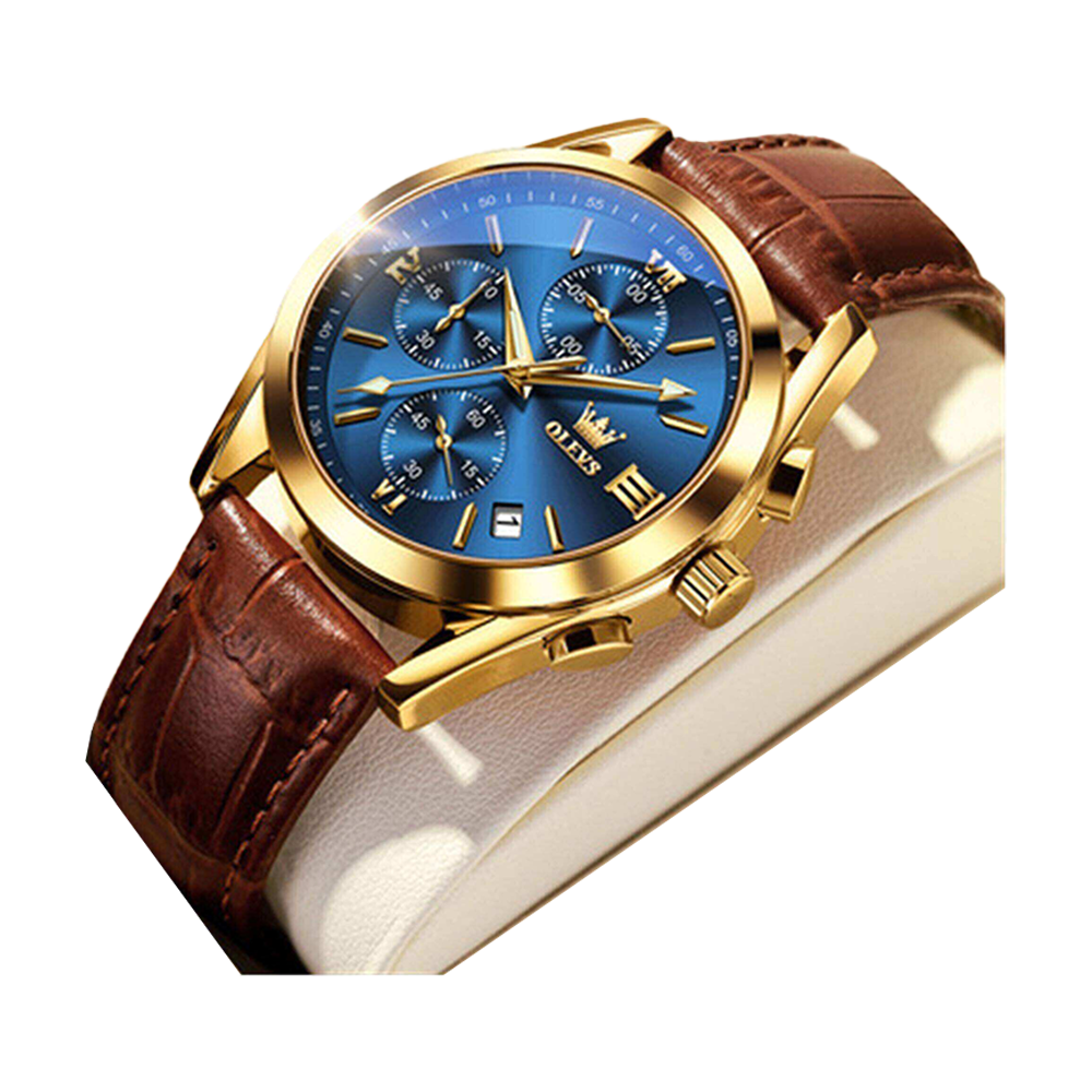 Olevs 2872 Leather Chronograph Wrist Watch For Men - Brown and Blue