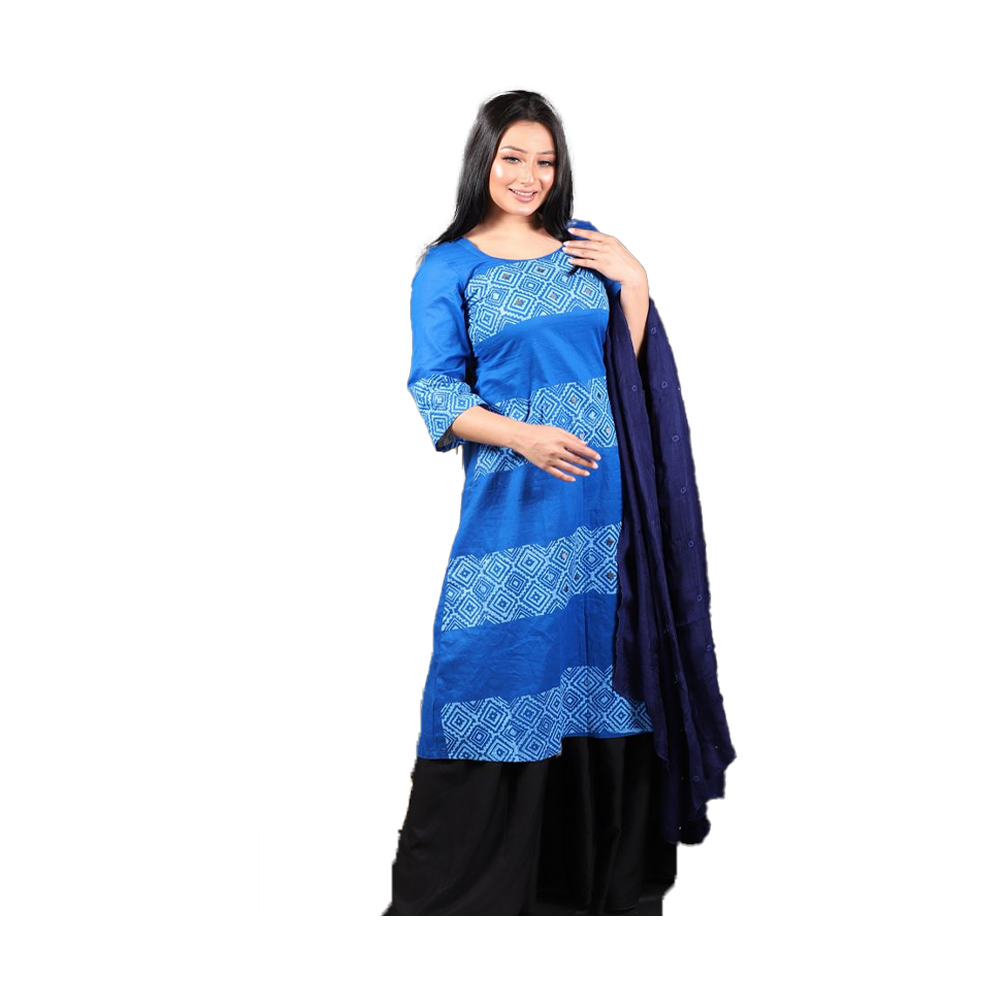 Unstitched Cotton Block Print Salwar Kameez for Women Blue