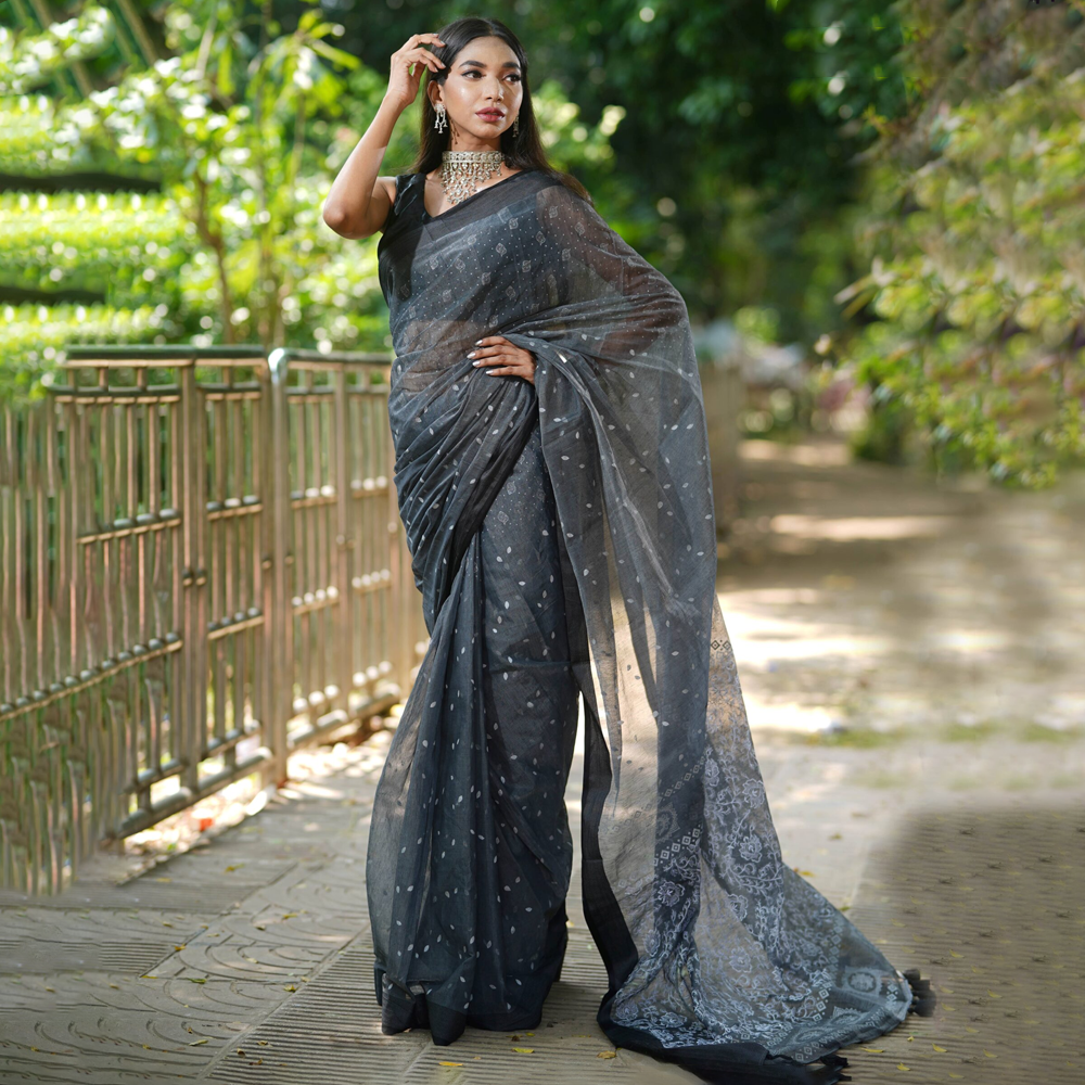 Puja Special Media Screen and Embroidery Half Silk Saree For Women - White  and Black - SHB1365A