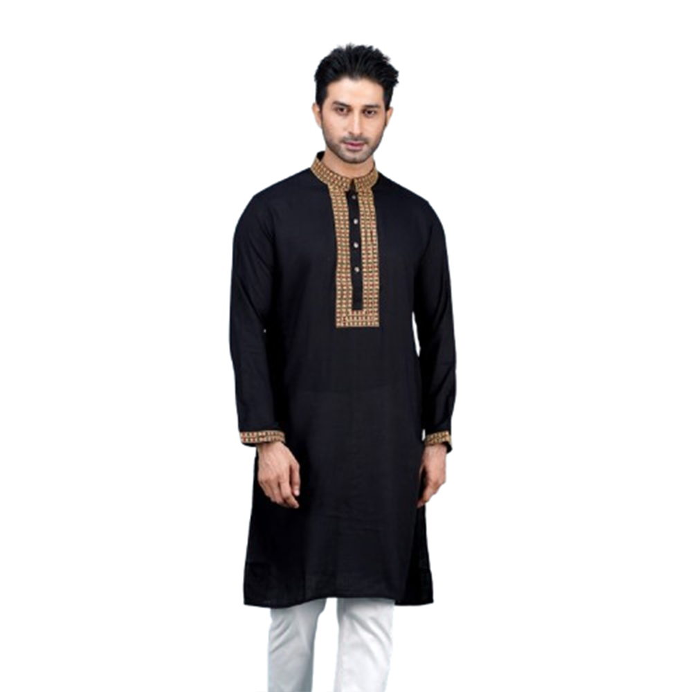 Cotton Embroidery Semi Long Panjabi For Men - Black - PM-15