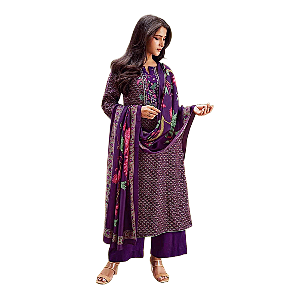 Unstitched Indian Pashmina Embroidery Salwar Kameez for Women - Violet