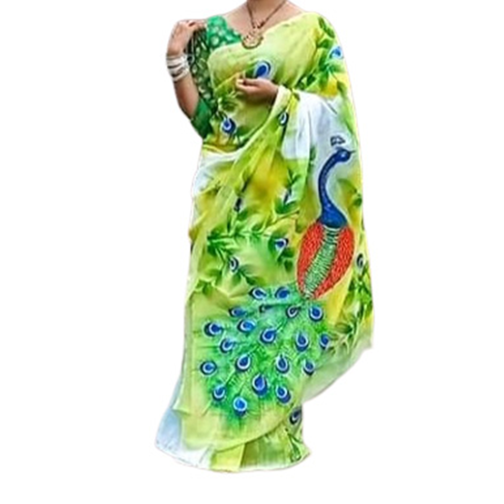 Half Silk Hand Print Saree For Women - Lime Green - SP-113