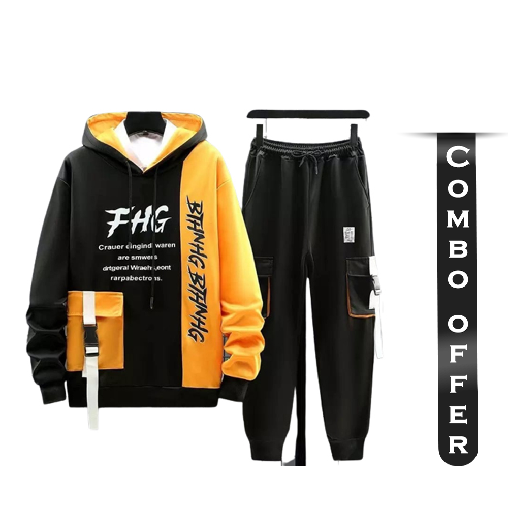 Combo Offer Cotton Phillies Winter Hoodie With Trouser For Men - Black and Yellow - HT-30