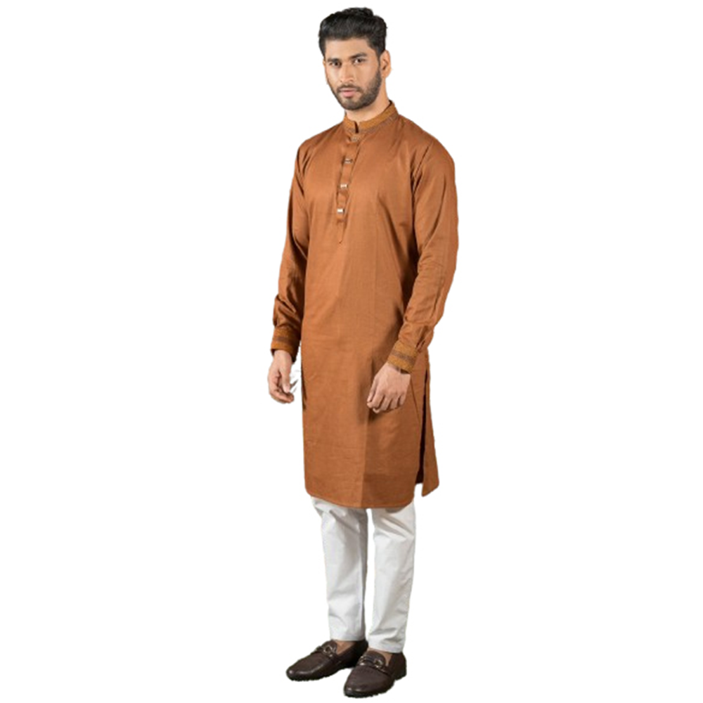 Cotton Embroidery Semi Long Panjabi For Men - Brown - P-N64