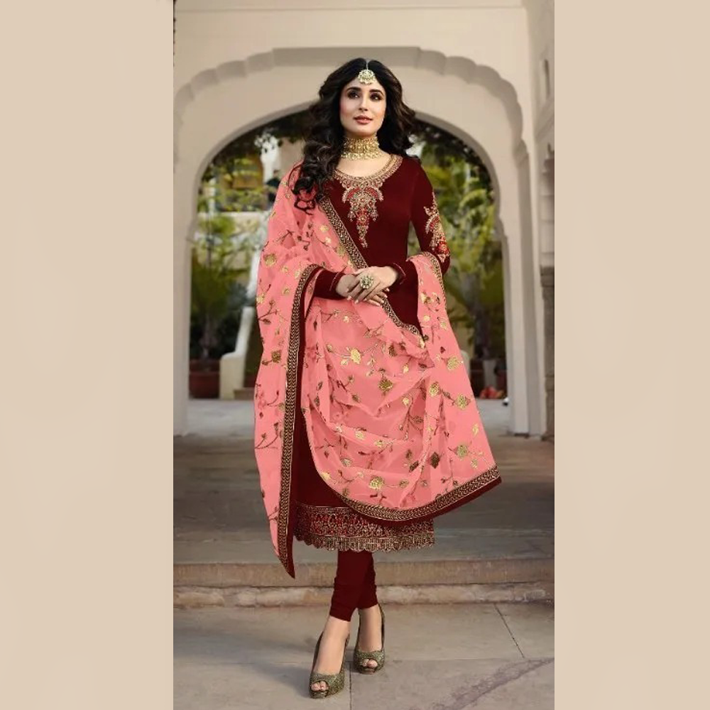 Georgette Embroidered Semi Stitched Salwar Kameez with Inner for Women - Maroon