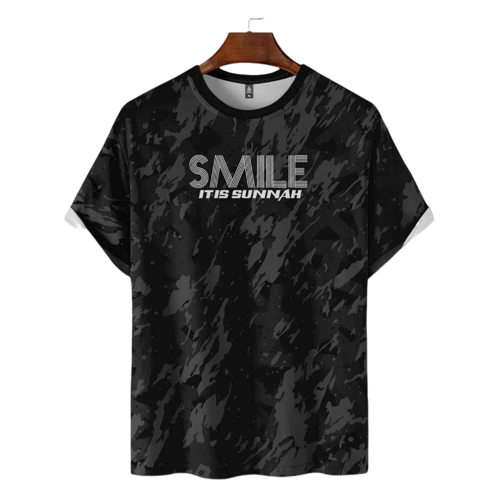 PP Cotton and Mesh Print Dawah Half Sleeve T-Shirt For Men - Dark Black - OP192