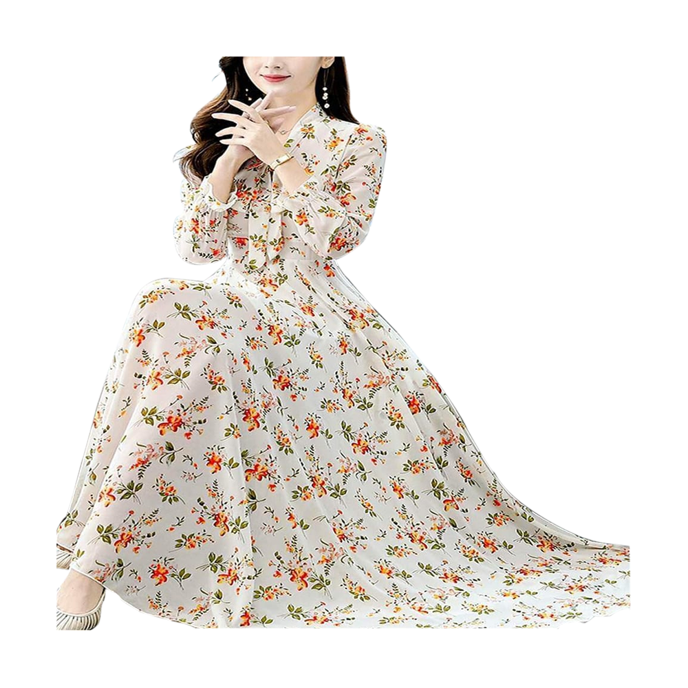 Linen Screen Print Fashionable Long Gown For Women - White - G-N08