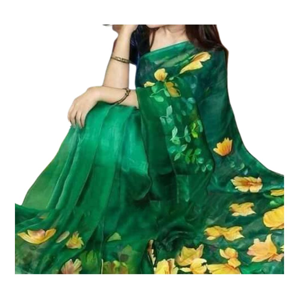 Half Silk Hand Print Saree For Women - Green - SP-95