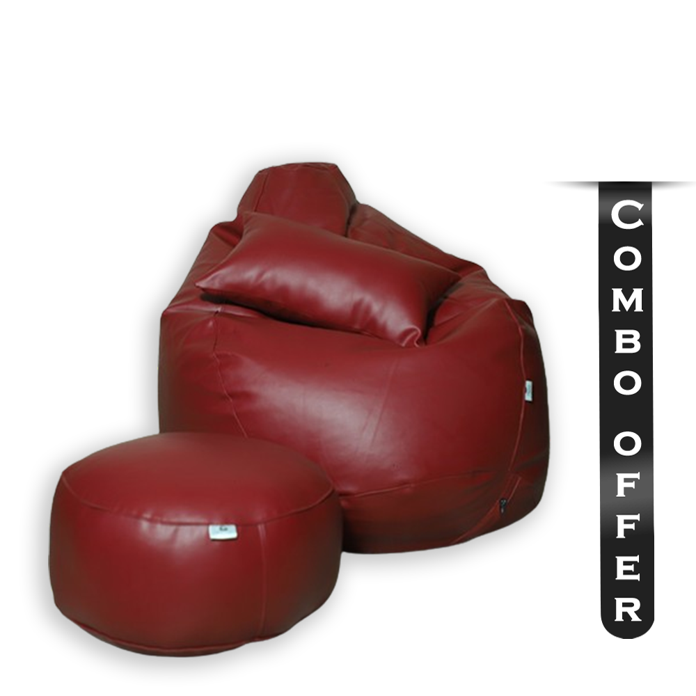 Combo of 3Pcs Leather Bean Bag - XXL With Leg Rest and Cushion - Maroon - APL2CMR