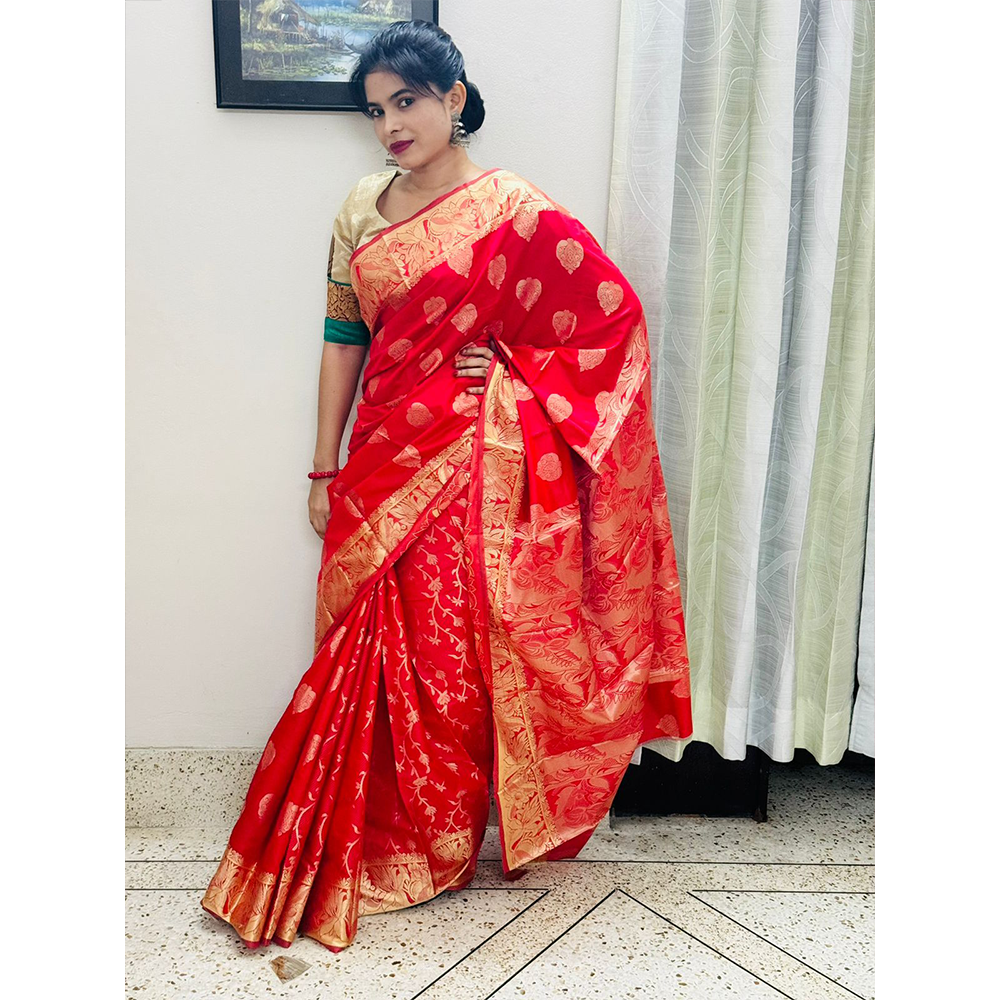 Silk Katan Tangail Saree for Women - Red - HS-00030