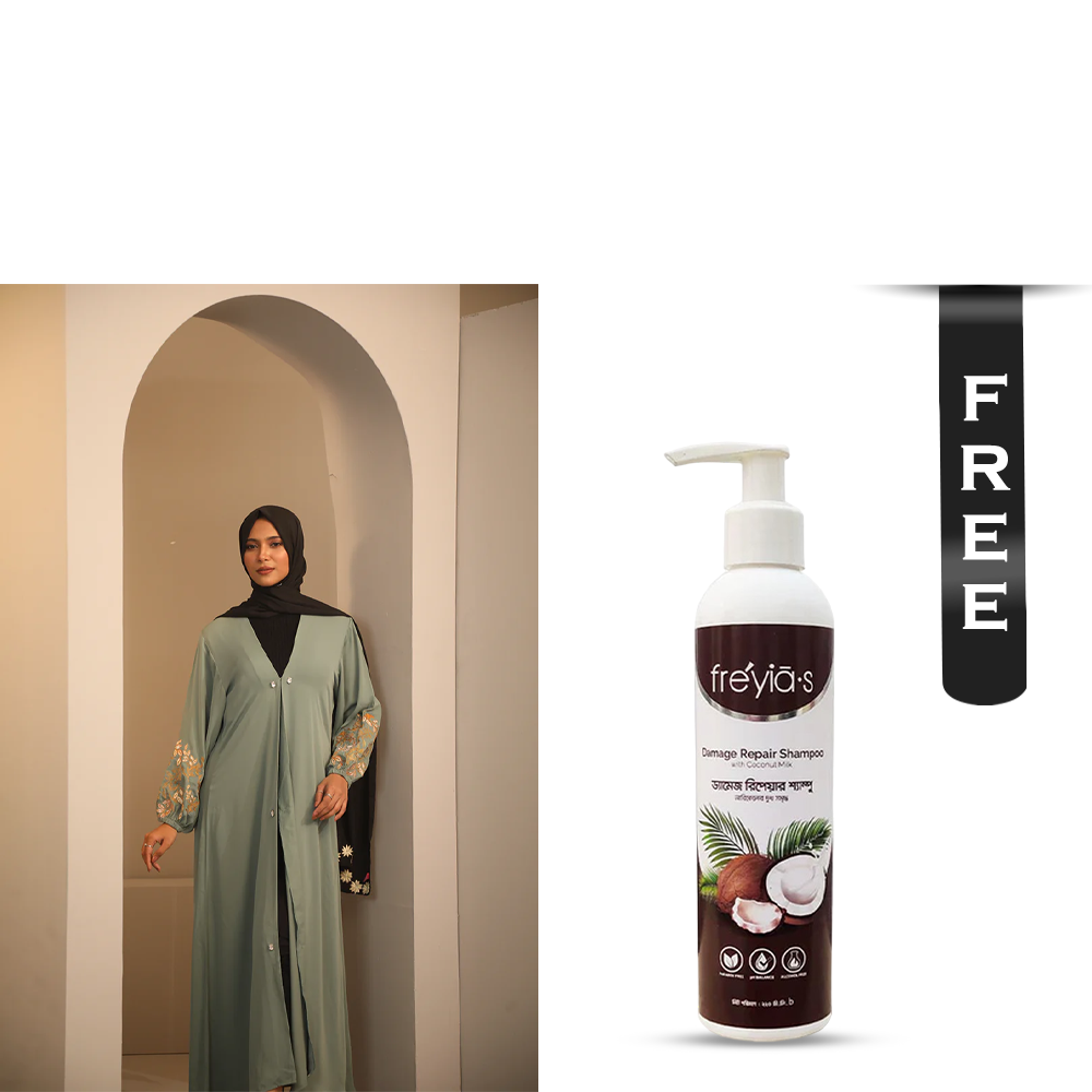 Buy Hiba Cherry Georgette Abaya for Women - 0224 000250 - Bluish Grey and Get Freyias Damage Repair Shampoo with Coconut Milk - 220ml Free