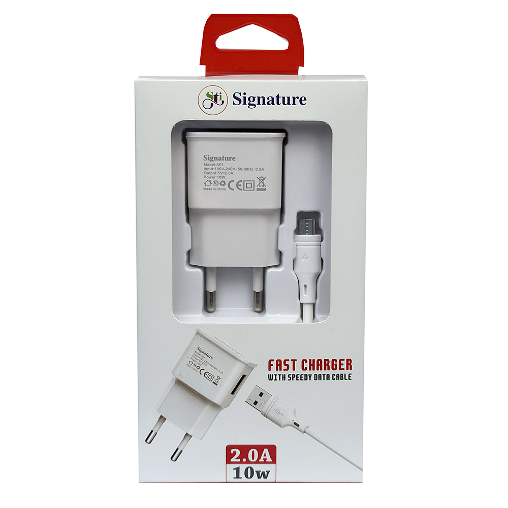 Signature SMS-A01 Adapter With Fast Charging Micro Data Cable - White