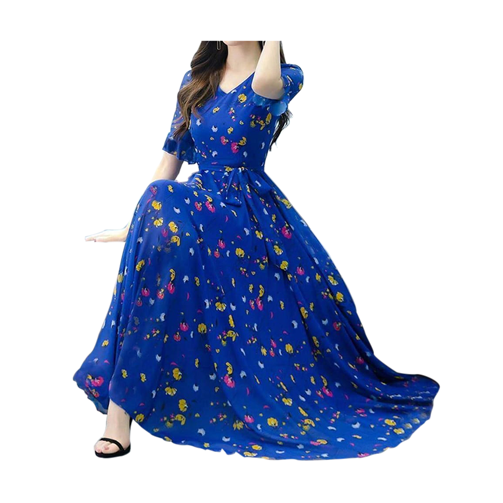 Linen Screen Print Fashionable Long Gown For Women - Blue - PN02