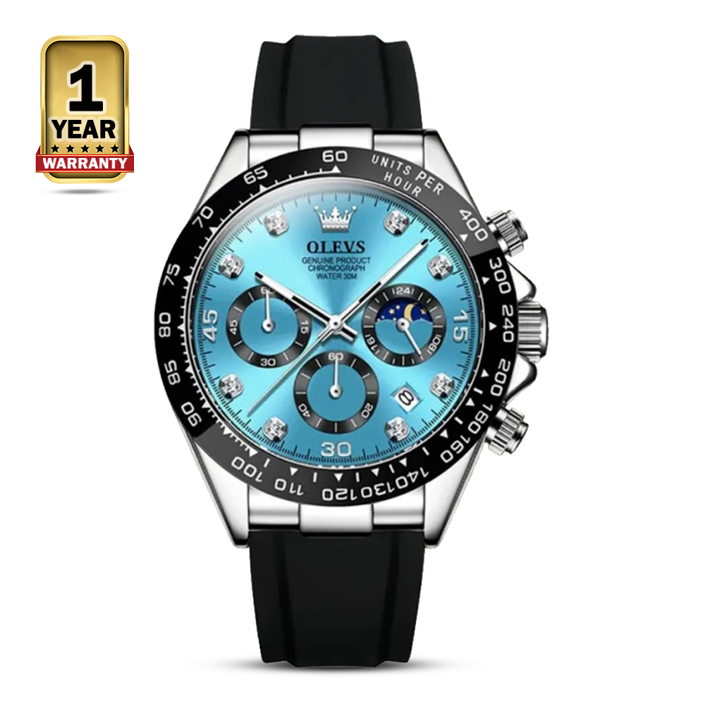 Olevs 2875 Stainless Steel Chronograph Sport Wrist Watch For Men - Silver and Sky Blue