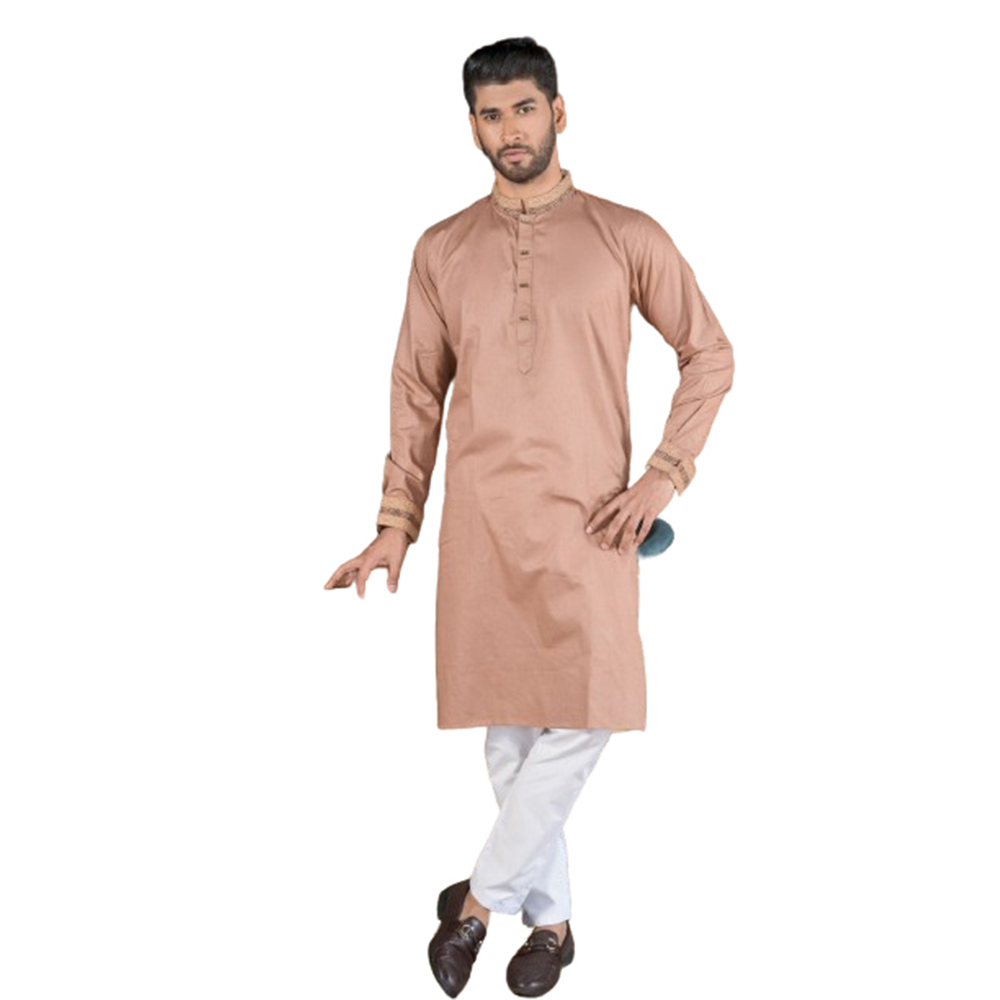 Cotton Embroidery Semi Long Panjabi For Men - Salmon - P-N62