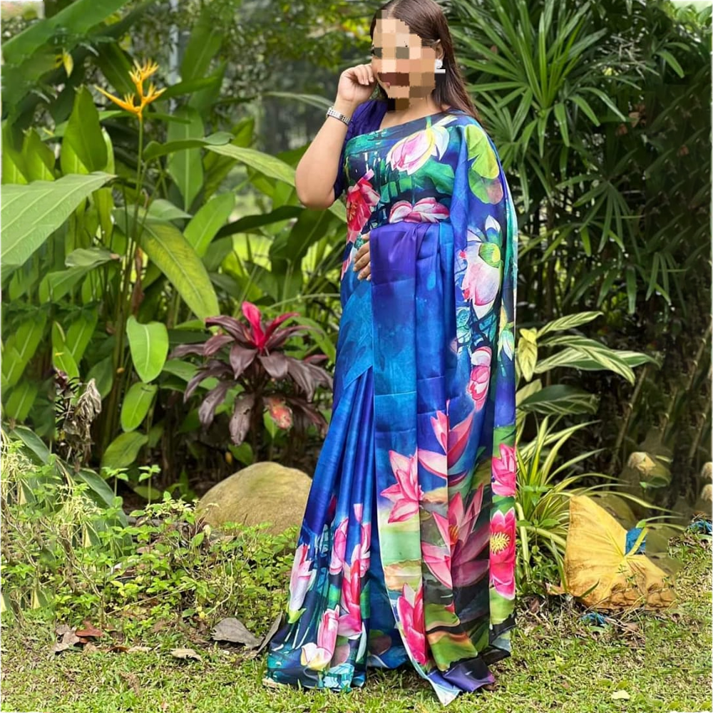 Soft Muslin Silk Digital Print Saree With Blouse Piece For Women - Multicolor - BS-02