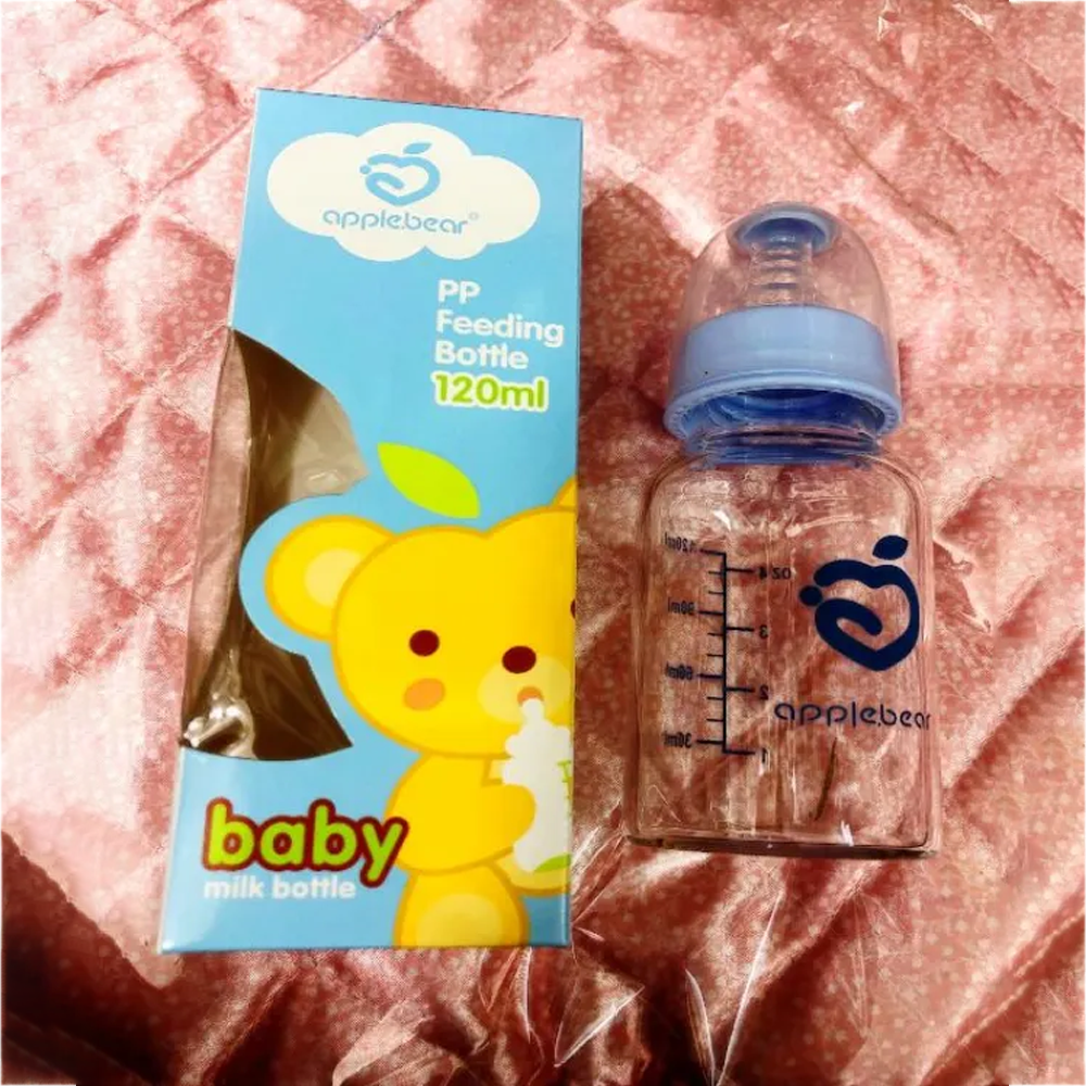 Apple Bear Baby Glass Feeding Bottle -120 ml - White