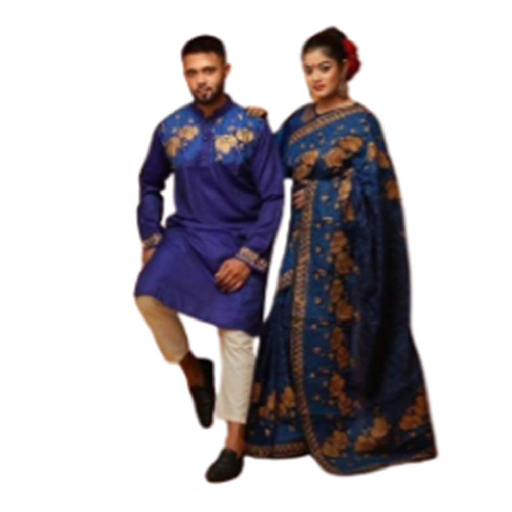 Half Silk Block Print Saree and Silk Cotton Panjabi For Couple - Blue - CS-B16