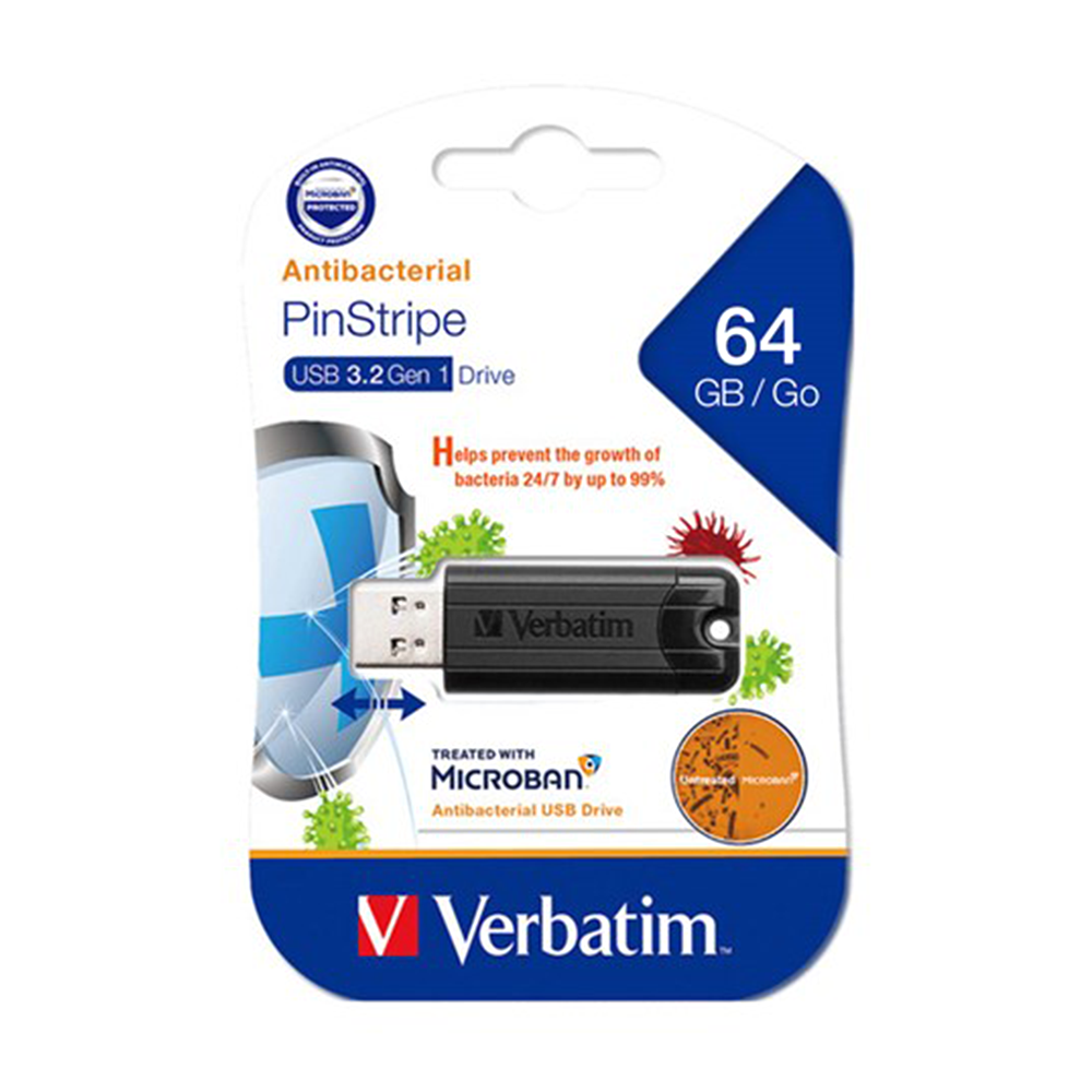 Verbatim Antibacterial Pinstripe USB 3.0 Drive - 64GB - 66776 - Black