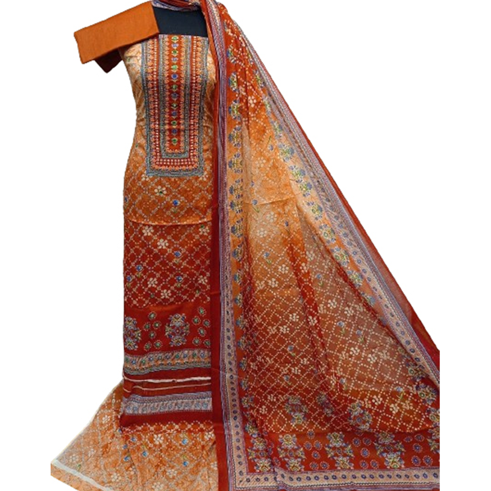 Unstitched Ganga Cotton Embroidery Salwar Kameez For Women - Orange and Rust- 3R-H8