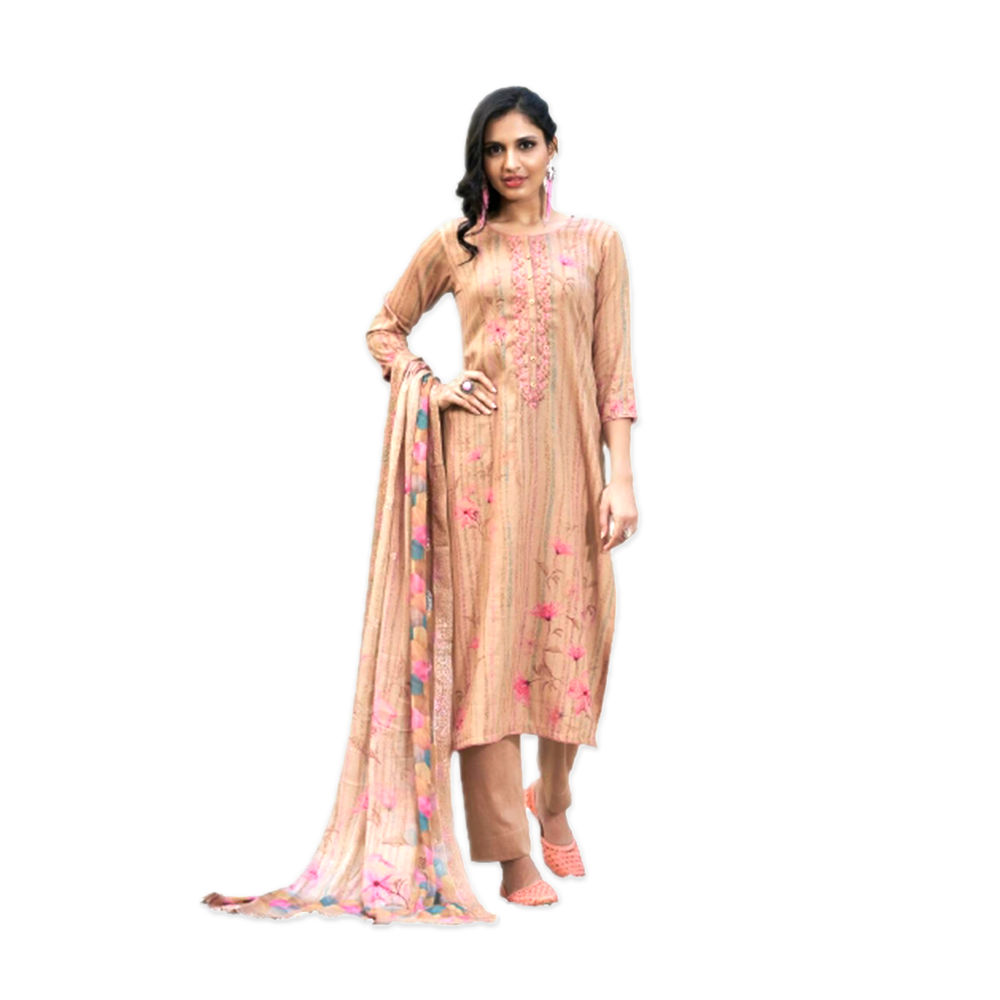 Unstitched Cotton Embroidery Work Three Piece for Women - Relssa - Soft Wood
