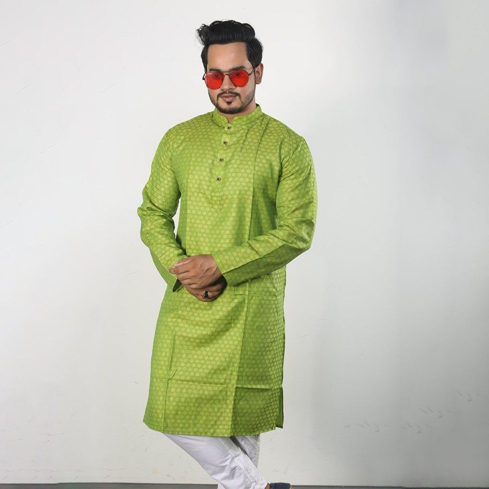 Dhupiyan Cotton Silk Semi Long Panjabi For Men - Green