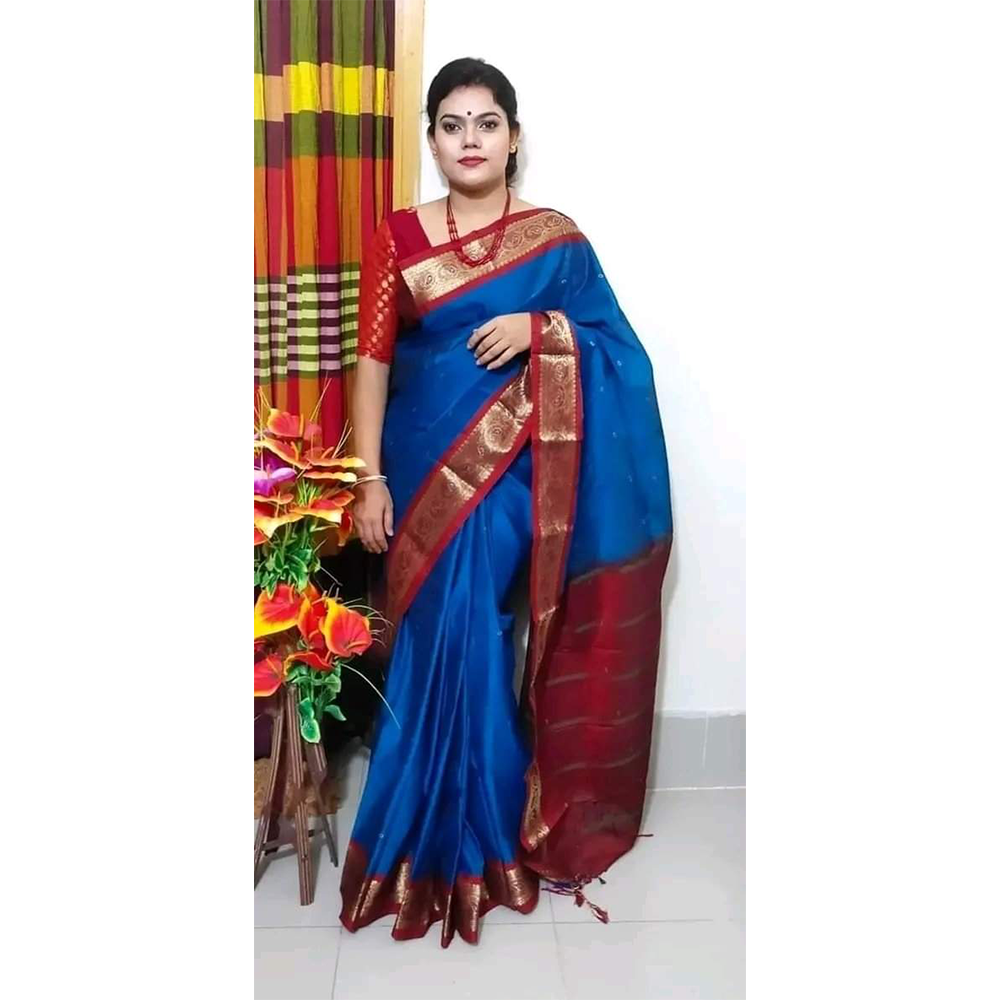 Mashlais Buti Cotton Saree with Blouse Piece For Women - Blue - SP-M10