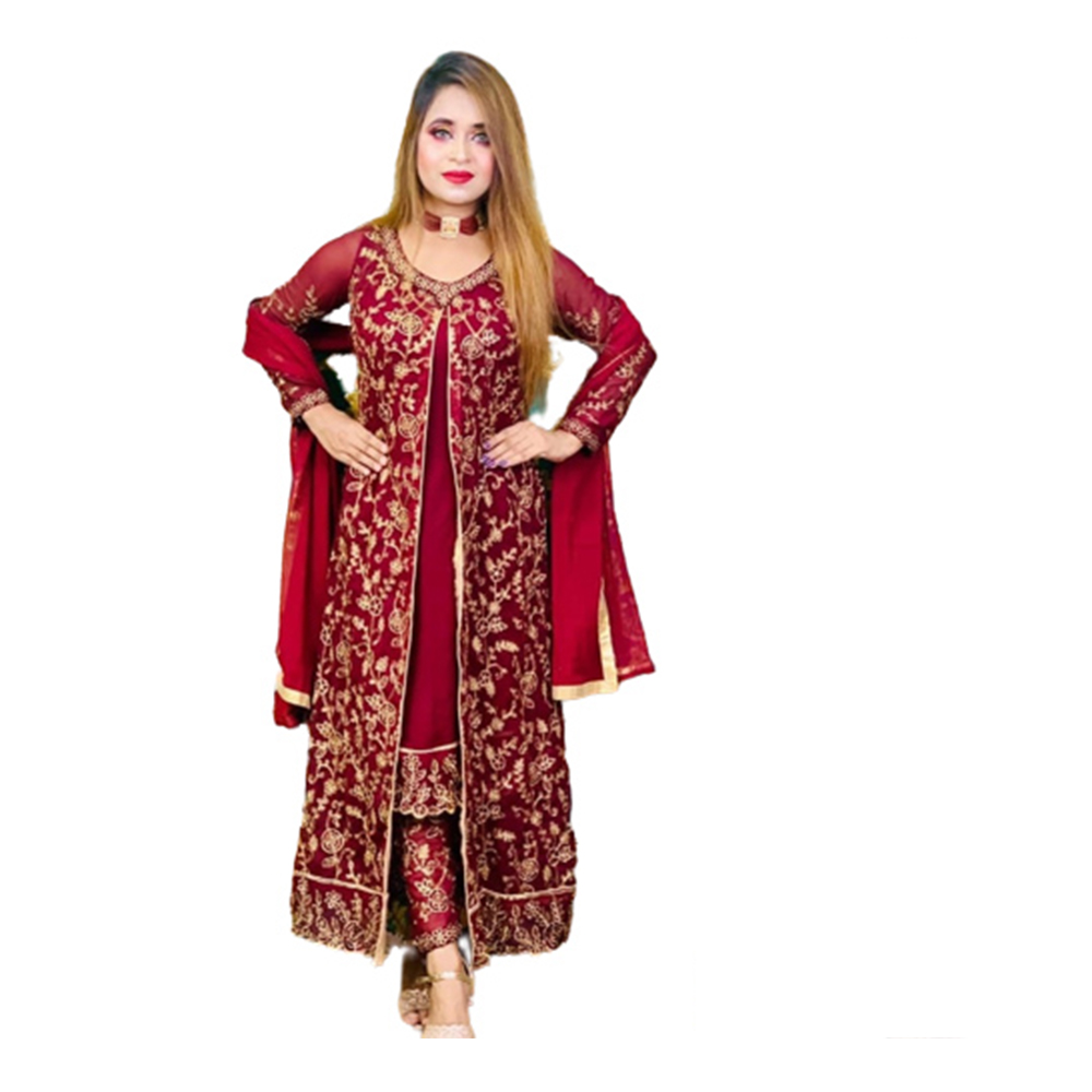 Soft Georgette Embroidery Unstitched Salwar Kameez For Women - Maroon - 3G-24