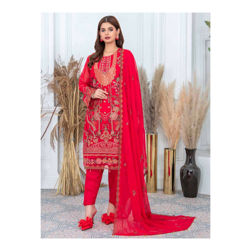 Semi-stitched Chiffon Party Dress for Women - Red - HP-3PP-301 (1 Pc Ring Free)