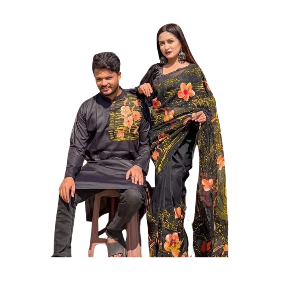 Cotton Silk Saree and Dhupian Cotton Panjabi Couple Dress - Dune Black - SC70