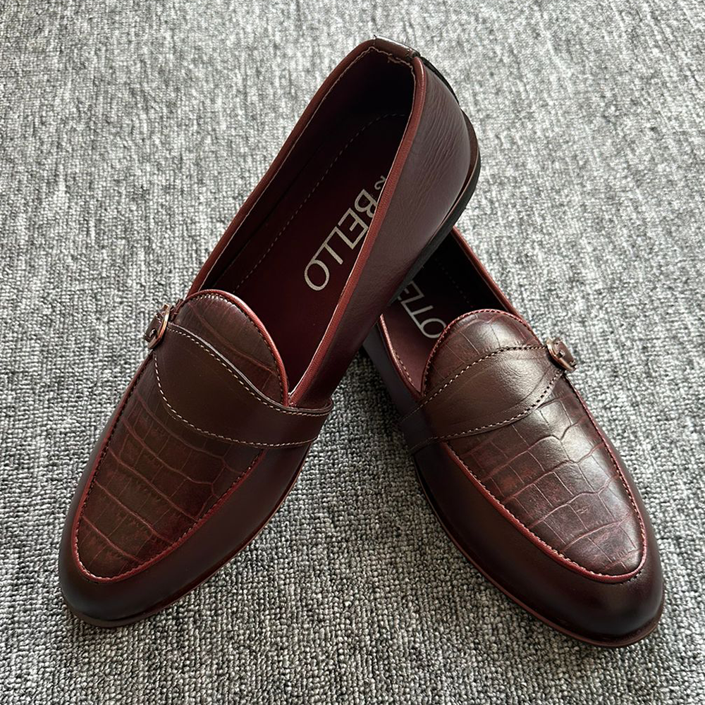 Leather Casual Belt Loafers	For Men - Maroon - 103-085