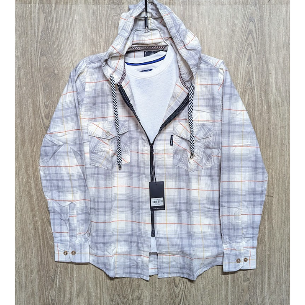 Flannel Cotton Hooded Shirt - White - SP0012