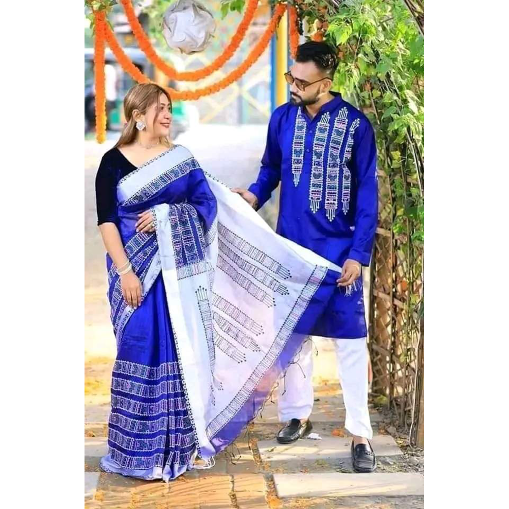 Half Silk Block Print Saree and Dupiyan Cotton Panjabi Couple Set - Blue - 57