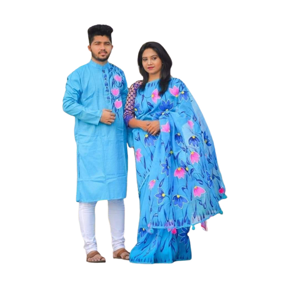 Hand Print Couple Set Saree With Panjabi - Blue - CS-79