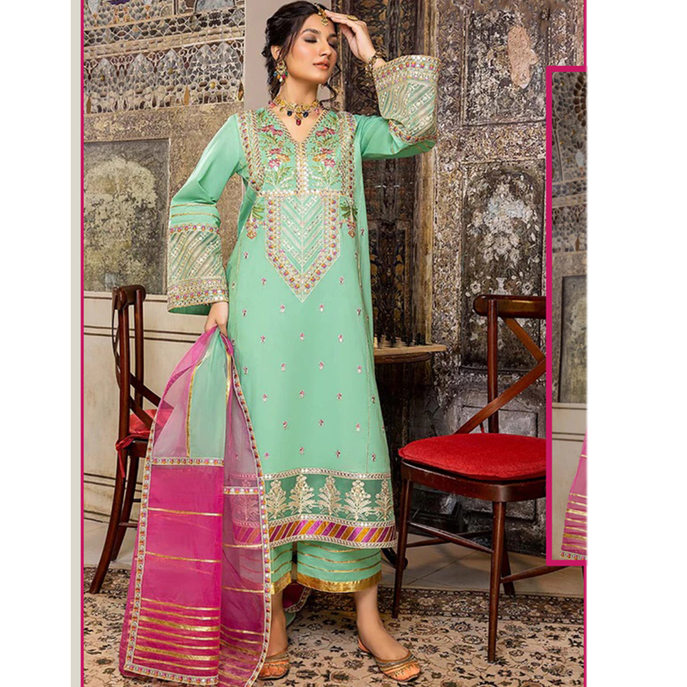 Unstitched Embroidery Net Party Wear Suit 4Pcs For Women -	Paste - DN 6002