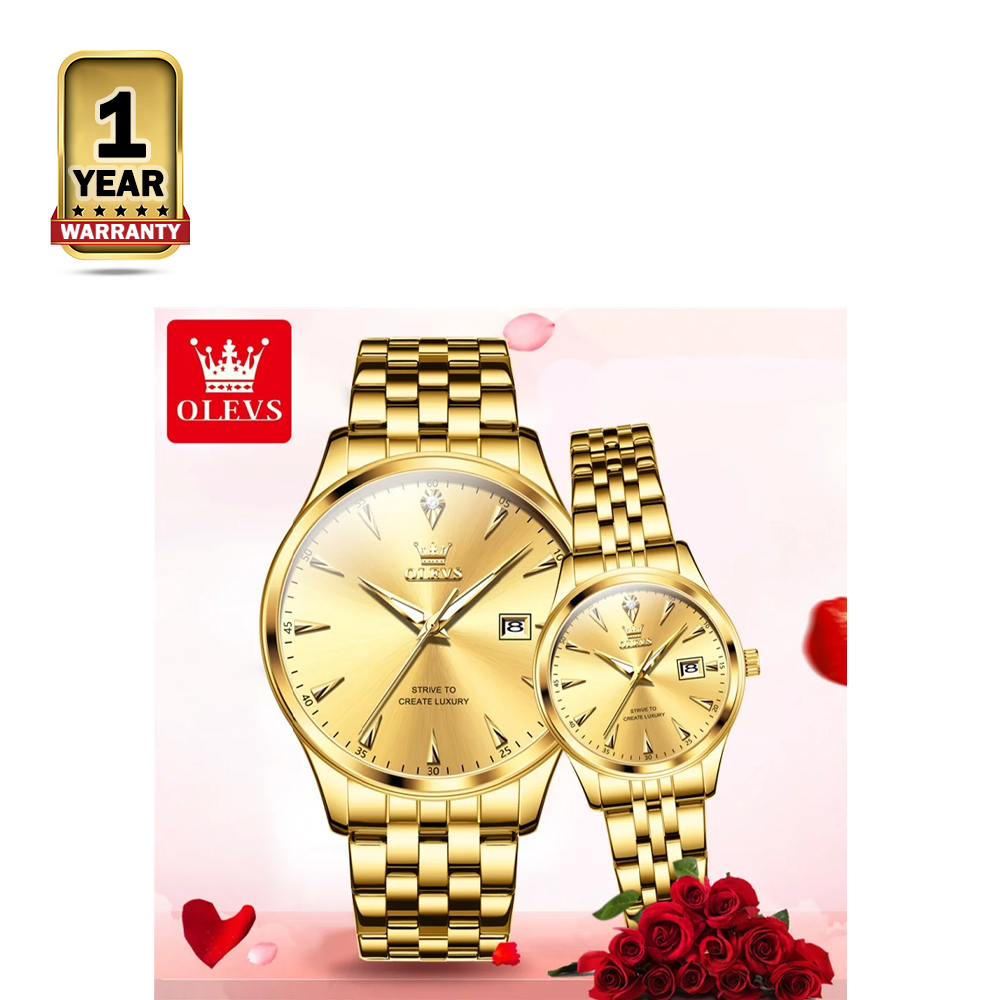 OLEVS 5598 Stainless Steel Analog Wrist Watch For Couple - Golden