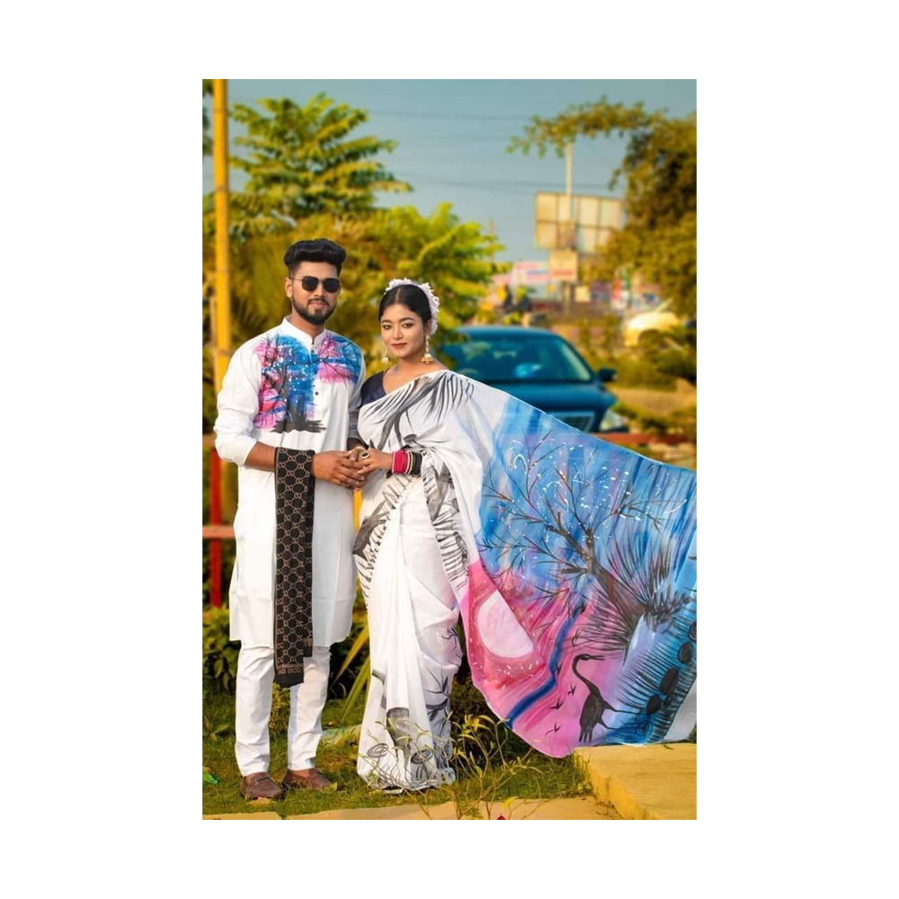 Hand Printed Half Silk Saree and Dhupian Cotton Panjabi For Couple Set - BAN089