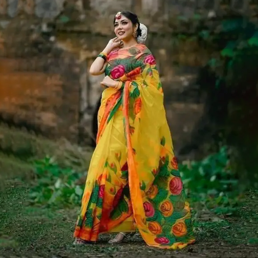 Dhupian Half Silk Skin Print Saree For Women - Multicolor - PP-224