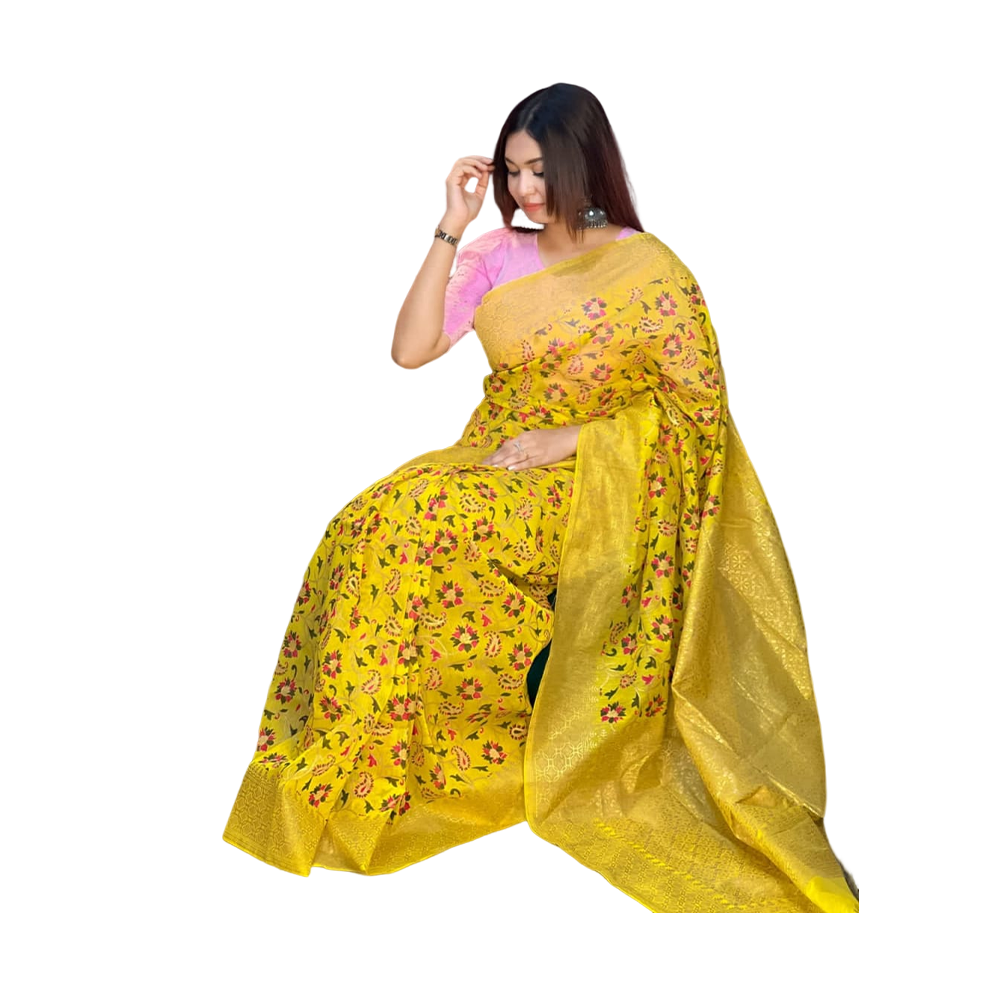 Half Silk Screen Print Saree For Woman - Yellow