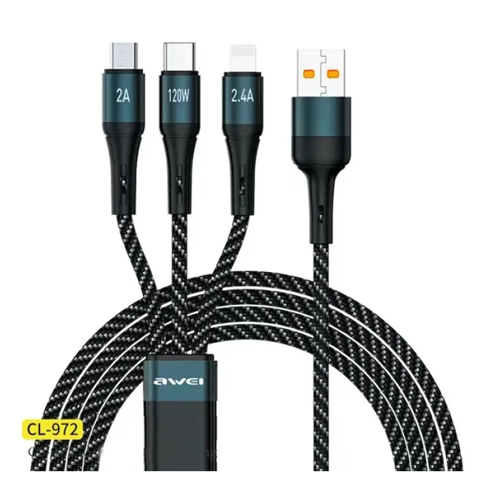 Awei CL-972 3 In 1 120W Fast Charging Cable - Black